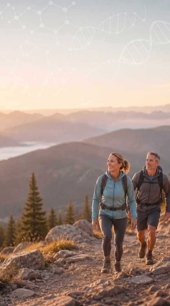 A couple hiking a mountain ridge at sunrise