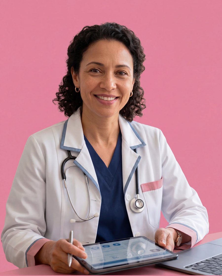 A licensed clinician reviewing an intake on a tablet