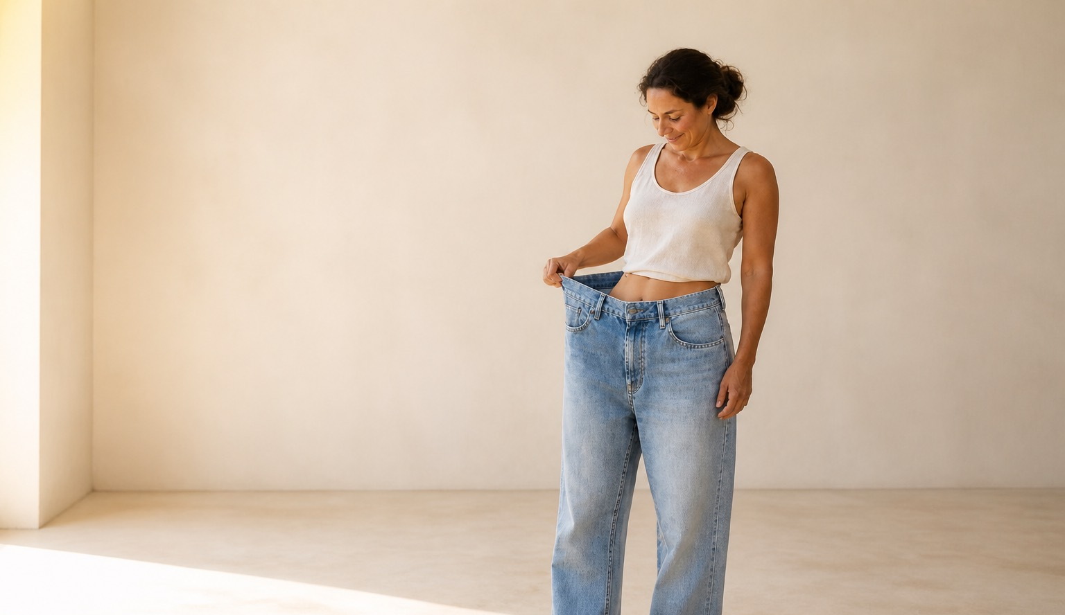 Woman showing jeans that now fit loosely at the waist