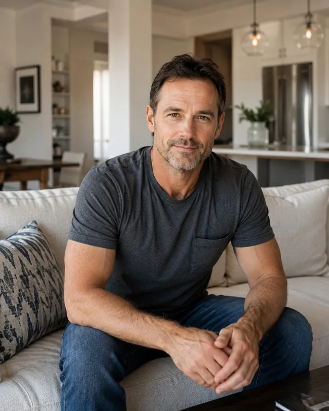 Confident man in his 40s at home